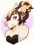 anthro clothed clothing ear_piercing facial_piercing female hair lip_piercing looking_at_viewer makeup mascara nose_piercing piercing septum_piercing smile solo emberwood canid canine mammal hi_res