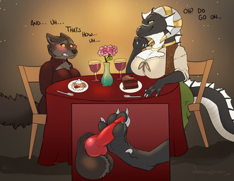 4_toes alcohol animal_genitalia animal_penis anthro anthro_on_anthro balls beverage big_balls big_breasts black_balls black_body black_scales blush bodily_fluids breast_size_difference breasts brown_body brown_fur cake canine_genitalia canine_penis chair choker claws clothed clothed_anthro clothed_gynomorph clothed_intersex clothing curled_horn cutlery dessert duo facial_scar feet female flower food foot_fetish foot_play footjob fork fur furniture genital_fluids genitals green_eyes grey_body grey_fur gynomorph gynomorph/female gynomorph_anthro hindpaw horn horn_jewelry huge_breasts inside intersex intersex/female intersex_anthro jewelry kitchen_utensils knot necklace non-mammal_breasts paws penile penis plant precum pubes public red_knot scales scar sex stealth_sex table tail text toe_claws toes tools under_table under_table_footjob vase white_body white_scales wine yellow_eyes wanderlustdragon european_mythology mythology linna_auriandi_(character) rhana canid canine canis dragon mammal mythological_creature mythological_scalie scalie western_dragon wolf 2019 english_description english_text signature story story_at_source story_in_description herm_(lore)