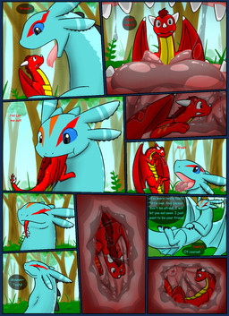 blue_body blue_eyes border duo female female_pred feral feral_pred feral_prey forest inside_stomach internal lying male male_prey neck_bulge on_back oral_vore plant red_body red_wings swallowing text transparent_border tree vore wings livinlovindude mythology passy dragon mythological_creature mythological_scalie scalie 2015 alpha_channel comic english_text hi_res