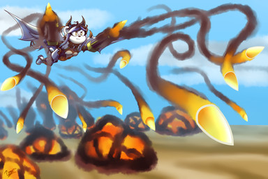 amber_eyes anthro black_hair breasts clothing explosion female fishnet_clothing fishnet_legwear flying footwear gun_arm hair horn legwear midair missile missile_pod neck_tuft round_ears sandals shoes small_breasts smoke_trail solo spade_tail tail topwear tuft weapon_arm white_body wings zboys sega sonic_the_hedgehog_(series) velatis_ferio_caedo unknown_species hi_res