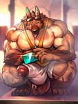 anthro big_arms big_bulge big_muscles big_pecs blush bodily_fluids bottomwear bulge clothing crouching dripping eyewear eyewear_on_head genital_fluids genitals girthy huge_bulge humanoid_genitalia humanoid_penis leaking_precum male mirror_selfie muscular muscular_anthro muscular_male musk pecs penis penis_peek penis_poking_out precum precum_drip selfie shirt shorts solo sunglasses sunglasses_on_head sweat tail taking_picture taking_selfie tank_top tongue tongue_out topwear vein veiny_muscles wet wet_clothing white_bottomwear white_clothing white_shorts yellow_eyes vorusuarts haru_sbarkle canid canine canis domestic_dog german_shepherd herding_dog mammal pastoral_dog 3:4 hi_res