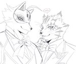 ahoge anthro bow_tie clothing duo hair male mask necktie phantom_thief suit wearing_mask whiskers izm_rm7 lifewonders live_a_hero tokyo_afterschool_summoners ose_(tas) vulpecula canid canine felid fox leopard mammal pantherine bust_portrait portrait sketch