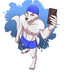 absurd_res andrawyou angel_wolf_(angel_generations) anthro black_eyebrows black_nose black_toenails blue_bottomwear blue_clothing blue_shorts blue_swimming_cap bottomwear canid canine canis clothing eyebrows fur hi_res intersex male mammal nipples orange_eyes phone pink_nipples selfie shorts simple_background solo tail teeth white_body white_fur white_tail wolf