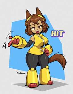 4_fingers anthro big_breasts bottomwear breasts brown_body brown_fur brown_hair clothing eyebrows eyelashes eyewear eyewear_on_head female fingers fur goggles goggles_on_head hair hand_on_hip open_mouth open_smile pants red_eyes shirt smile solo topwear whiskers wide_hips joaoppereiraus gameoverse glitch_productions kit_bodega domestic_cat felid feline felis mammal 2026 hi_res signature