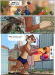 2024 4_fingers angry bottomwear brown_body brown_fur building canid canine canis cheek_tuft city city_background cityscape clothed clothing comic cracked_ground cracks detailed_background dialogue disney domestic_pig duke_weaselton english_text facial_tuft fairytalesartist fingers fur group hi_res lagomorph least_weasel leporid macro macro_anthro macro_male male mammal multicolored_body multicolored_fur mustelid musteline outside pivoted_ears police police_officer police_uniform procyonid raccoon red_eyes running running_away shirt shocked shorts size_difference solo_focus speech_bubble suid suina sus_(pig) teeth text topwear true_musteline tuft uniform weasel wolf yelling zootopia
