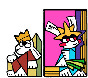 ambiguous_gender anthro barefoot chair clothed clothing crown cubism duo ear_piercing ear_ring feet floppy_ears furniture headdress headgear long_ears narrowed_eyes piercing red_eyes ring_piercing sitting standing throne actualpendragon luxor_high_priestess luxor_king lagomorph leporid mammal rabbit digital_drawing_(artwork) digital_media_(artwork)