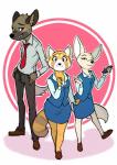 anthro black_nose bottomwear clothed clothing eyelashes female fur group male pencil_skirt simple_background skirt ben-ben aggretsuko sanrio fenneko haida_(aggretsuko) retsuko ailurid canid canine fennec_fox fox hyena mammal red_panda spotted_hyena true_fox 2018 absurd_res hi_res