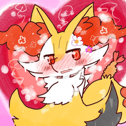 accessory ambiguous_anthro ambiguous_gender anthro biped blush blush_lines blush_stickers blushing_profusely cute_fangs dipstick_tail fangs flower flower_in_hair food front_view hair hair_accessory hands_behind_back heart_symbol looking_at_viewer markings melting object_in_tail open_mouth plant shrimp_(food) snout solo standing steam tail tail_markings teeth annyui0611 nintendo pokemon braixen canid generation_6_pokemon mammal pokemon_(species) 1:1 2022 digital_drawing_(artwork) digital_media_(artwork) half-length_portrait hi_res japanese_description portrait translated_description