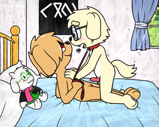 animal_genitalia animal_penis anthro balls bdsm bed blood blush bodily_fluids canine_genitalia canine_penis collar erection eyewear fangs female fur furniture genitals glasses grope inside knot leash male male/female nude penis petplay plushie roleplay teeth vulva young pokefound deltarune undertale_(series) ralsei canid canine canis domestic_dog mammal vampire 5:4 hi_res