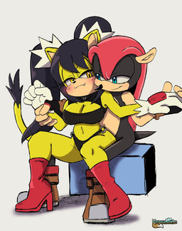anthro bangs bedroom_eyes big_breasts black_body black_clothing black_crop_top black_fur black_gloves black_hair black_handwear black_nose black_panties black_shirt black_topwear black_underwear blue_eyes blush blush_lines boots bra breasts brown_boots brown_clothing brown_footwear choker cleavage_cutout clothed clothing crop_top cutout duo eye_contact eyelashes fangs female fingerless_gloves footwear fur gloves hair hand_holding handwear high_heeled_boots high_heels holding_wrist jewelry lidded_eyes looking_at_another male male/female midriff mostly_nude narrowed_eyes navel necklace on_lap panties pigtails pointy_nose red_boots red_clothing red_footwear seductive shirt shoes simple_background sitting sitting_on_lap smile sports_bra teeth thick_thighs topwear underwear white_background white_clothing white_gloves white_handwear yellow_body yellow_eyes yellow_fur pepamintop sega sonic_the_fighters sonic_the_hedgehog_(series) honey_the_cat mighty_the_armadillo armadillo domestic_cat felid feline felis mammal xenarthran 2022 signature
