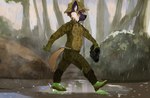 anthro bottomwear brown_body brown_fur camera clothed clothing detailed_background diaper diaper_under_clothing footwear forest fur hat headgear headwear jacket male mud muddy pants plant puddle raindrop raining shoes solo tan_body tan_fur topwear tree wearing_diaper wet wet_body wet_clothing wet_fur young young_anthro young_male jameswebert canid mammal hi_res