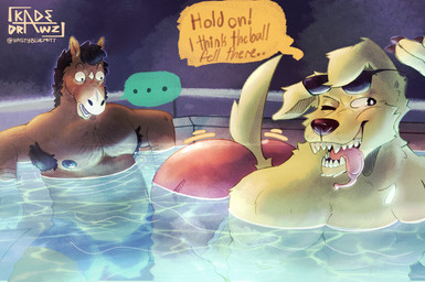 anthro dialogue duo eyewear eyewear_on_head hot_tub looking_at_another looking_at_butt male male/male night outside smile speech_bubble sunglasses sunglasses_on_head surprised kadedrawz bojack_horseman netflix bojack_horseman_(character) mr._peanutbutter canid canine equid equine horse mammal hi_res