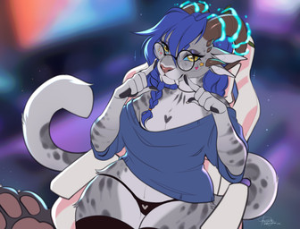 anthro biped blue_sclera breasts claws clothed clothed_anthro clothed_female clothing countershade_torso countershading eyewear female fingers front_view fur glasses hair horn looking_at_viewer panties sitting smile solo spots tail teeth underwear yellow_eyes padjetxharrington guild_wars tavia_(varadhin) charr felid feline mammal 2026 digital_drawing_(artwork) digital_media_(artwork) hi_res