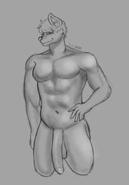 athletic balls big_penis flaccid genitals hair looking_at_viewer male muscular muscular_male nude pecs penis smile smiling_at_viewer solo canid canine mammal hi_res monochrome