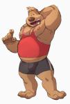 2018 3_toes 5_fingers anthro arm_above_head biceps biped bottomwear bulge canid canine canis clothed clothing domestic_dog donkeypunch feet fingers male mammal muscular muscular_anthro muscular_male nipples overweight overweight_anthro overweight_male pecs sam_and_max samuel_dog shirt shorts simple_background solo standing tank_top toes topwear white_background