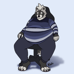 anthro belly big_belly biped chair claws clothed clothing clothing_lift eyes_closed facial_markings fur furniture glistening glistening_teeth grey_body grey_fur grin grinning_at_viewer hand_behind_head head_markings huge_belly male markings mask_(marking) moobs navel nipples obese obese_anthro obese_male overweight overweight_anthro overweight_male ring_(marking) ringed_tail shirt shirt_lift sitting smile smiling_at_viewer solo striped_markings striped_tail stripes tail tail_markings tail_motion tail_sway teeth text tight_clothing toe_claws topwear klaki_3000 mammal procyonid raccoon 1:1 2d_animation animated artist_name