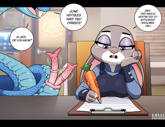 2_penises animal_genitalia animal_penis anthro big_breasts black_bars blue_body blue_clothing blue_scales bored breasts buckteeth carrot_pen chair claws clipboard cloaca clothed clothing coiling detailed_background dialogue door ears_down eyebrows eyelashes fangs female front_view frown fur furniture genitals grey_body grey_fur half-closed_eyes hand_on_head hemipenes holding_object holding_pen inside larger_male male medial_ring multi_genitalia multi_penis multicolored_body multicolored_fur narrowed_eyes open_mouth pen pen_(object) penis pink_nose pivoted_ears police police_officer police_station police_uniform pupils purple_eyes scales sexual_harassment sitting size_difference solo speech_bubble table talking_to_another teeth text throbbing tongue two_tone_body two_tone_fur uniform water_cooler white_body white_fur white_sclera lollipopcon disney zootopia gary_de'snake judy_hopps lagomorph leporid mammal pit_viper rabbit reptile scalie snake viper 2026 digital_drawing_(artwork) digital_media_(artwork) english_text hi_res letterbox