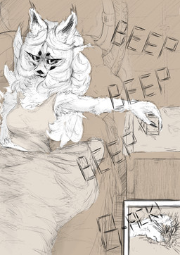 5_fingers alarm_clock anthro bed black_sclera breaking claws clock clothing eyebrows eyelashes female fingers fur furniture hair inner_ear_fluff long_hair lying pupils solo teeth thick_eyebrows topwear tuft vest white_body white_fur white_hair white_pupils 2hiakkable nine_eleven canid canine canis mammal wolf absurd_res comic hi_res