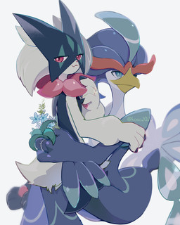 ambiguous/ambiguous ambiguous_gender anthro avian_butt beak blue_body blue_eyes blue_feathers digit_ring duo feathers flower fur green_body green_fur jewelry looking_at_viewer plant ring simple_background wedding_ring koso2023 nintendo pokemon avian felid feline generation_9_pokemon mammal meowscarada pokemon_(species) quaquaval hi_res watermark