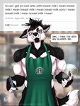 2021 3:4 anthro apron apron_only black_body black_fur black_hair blue_eyes blurred_background border canid canine canis clothing container count cup dialogue dialogue_box digital_media_(artwork) dual_holding english_text fur gloves_(marking) green_apron green_clothing grey_border hair hi_res holding_container holding_cup holding_object holding_pen holding_writing_utensil i_mean_breast_milk issac_(rukaisho) male mammal mark_haynes markings meme mostly_nude muscular muscular_anthro muscular_male number pecs pen public repeated_text solo speech_bubble standing starbucks text text_on_apron text_on_clothing time timestamp twitter url watermark white_body white_fur white_hair wolf writing_utensil