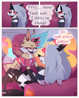 anthro blush dialogue duo eyelashes female female/female flirting freckled_face freckles furniture imminent_sex long_eyelashes piercing sex sofa sofa_sex text tuft kat._.arts hellaverse helluva_boss mythology loona_(helluva_boss) queen_bee-lzebub_(helluva_boss) canid canid_demon canine demon hellhound mammal mythological_canine mythological_creature 4:5 absurd_res comic english_text hi_res