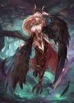 bangs big_breasts black_body black_feathers black_wings blonde_hair breasts claws clothing detailed_background feathered_wings feathers feet female forest hair horn legwear light_body light_skin long_hair outside plant red_eyes solo talons thigh_gap thigh_highs toes tree winged_arms wings hanh_chu european_mythology greek_mythology mythology animal_humanoid avian avian_humanoid harpy harpy_humanoid horned_humanoid humanoid mythological_avian mythological_creature hi_res