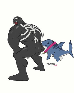 bite butt butt_bite collar cross-popping_vein dorsal_fin duo emblem empty_eyes eyes_closed feral fin male sharp_teeth smile tail tail_fin teeth faydenart marvel marvel_rivals jeff_the_land_shark venom_(marvel) alien alien_humanoid aquatic fish humanoid land_shark_(species) shark symbiote