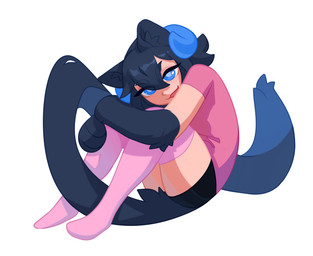 black_body black_bottomwear black_clothing black_ears black_fur black_hair black_inner_ear_fluff black_pants black_tail blue_eyes blue_horn blue_tail bottomwear clothed clothing female fur glistening glistening_eyes glistening_hair hair horn inner_ear_fluff legwear open_mouth pants pink_clothing pink_legwear pink_shirt pink_t-shirt pink_topwear shirt simple_background sitting solo t-shirt tail topwear tuft unsigned white_background corzh77 corzh_(corzh77) animal_humanoid cat_humanoid felid felid_humanoid feline feline_humanoid humanoid mammal mammal_humanoid full-length_portrait hi_res portrait