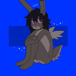 ambiguous_gender anthro arm_tuft black_hair blue_background curled_up ear_piercing feathered_wings feathers fetal_pose fur geometric_background grey_body grey_fur hair halo looking_at_viewer messy_hair multicolored_body nude_ambiguous nude_anthro piercing purple_eyes scut_tail short_tail shoulder_tuft simple_background small_wings solo sparkles star tail tuft two_tone_body white_wings wings crischar_foxito lagomorph leporid mammal rabbit 1:1 2025 absurd_res digital_drawing_(artwork) digital_media_(artwork) hi_res