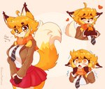 ahoge amogus anthro biped blonde_hair bodily_fluids bottomwear breasts brown_clothing brown_jacket brown_topwear clothing crying dipstick_tail eyelashes eyes_closed female fluffy fluffy_tail food fruit fur hair heart_symbol jacket markings necktie open_mouth orange_eyes orange_scarf pattern_necktie plant red_bottomwear red_clothing red_skirt scared scarf shaking skirt smile solo striped_necktie tail tail_markings tail_motion tailwag tangerine_(fruit) tears topwear yellow_body yellow_fur jasminthemanticore among_us_eyes among_us_pareidolia jasmin_(jasminthemanticore) canid canine fox mammal red_fox true_fox 2022 absurd_res digital_drawing_(artwork) digital_media_(artwork) hi_res multiple_images