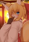 5_fingers accessory anthro asian_clothing blonde_hair blue_eyes blush bottomwear brown_body brown_fur cheek_tuft chest_tuft claws clothed clothing cute_fangs dipstick_ears ear_markings east_asian_clothing eyebrow_through_hair eyebrows facial_tuft fangs female female_anthro finger_claws fingers fluffy fluffy_tail fur hair hair_accessory hair_ribbon heart_symbol japanese_clothing kemono looking_at_viewer looking_back looking_back_at_viewer miko_outfit multicolored_body multicolored_ears multicolored_fur one_eye_closed outside ribbons shrine_maiden shush solo tail teeth thick_eyebrows torii translucent translucent_hair tuft white_body white_fur wink yellow_body yellow_fur horokusa0519 fox_next_door_(horokusa) canid canine fox mammal 2022 digital_media_(artwork) half-length_portrait hi_res portrait translated_description