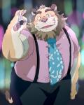 anthro blush bottomwear clothing humanoid_hands male necktie overweight overweight_anthro overweight_male pants shirt solo topwear train5 train_(artist) felid lion mammal pantherine 2019 hi_res