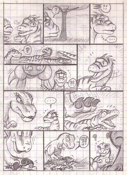 bodily_fluids ellipsis eyebrows feral interrobang motion_lines question_mark raised_eyebrow stepped_on sweat sweatdrop tongue tongue_out chibibass dinosaur dromaeosaurid prehistoric_species reptile scalie theropod tyrannosaurid tyrannosauroid tyrannosaurus tyrannosaurus_rex velociraptor 2009 comic monochrome