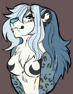 anthro breasts fangs female fur fur_markings hair leopard_spots long_hair looking_at_viewer markings nikita_arcticsnowfex sabertooth_(anatomy) simple_background smile solo spots teeth sunny666 nikita_(asf) felid feline leopard mammal pantherine prehistoric_species saber-toothed_tiger snow_leopard low_res