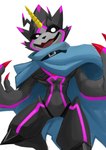 anthro black_body black_sclera cape claws clothing glowing glowing_eyes horn male solo carina2cl bandai_namco digimon digimon_ghost_game digimon_(species) gulusgammamon absurd_res hi_res