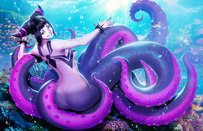 alternate_species black_hair breasts butt featureless_breasts female hair looking_at_viewer red_eyes smile split_form teeth tentacles underwater water genzoman capcom street_fighter juri_han aquatic cecaelia cephalopod coleoid fish merfolk mollusk octopodiform 2021 hi_res