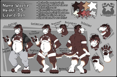 4_toes anthro belly black_border blush border brown_body brown_eyes brown_fur brown_hair claw_fingers clothed clothing feet fur hair hoodie laugh looking_at_viewer looking_back looking_back_at_viewer male markings open_clothing open_hoodie open_topwear solo star_(marking) text toes topwear white_body white_fur woogigooie woogie_(woogigooie) canid canine hybrid lizard mammal reptile scalie english_text hi_res model_sheet