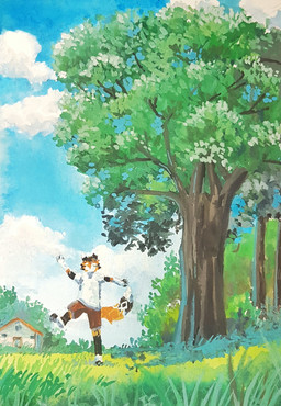anthro black_body blue_sky bottomwear brown_bottomwear brown_clothing brown_pants building clothed clothing cloud front_view grass male multicolored_body orange_body pants plant shirt shrub sky solo standing t-shirt topwear tree unsigned white_body white_clothing white_shirt white_t-shirt white_topwear akatan_art canid canine fox mammal full-length_portrait hi_res painting_(artwork) portrait traditional_media_(artwork)