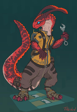 3_toes 4_fingers abstract_background accessory anthro backpack bag belt belt_buckle bent_arm big_hands biped blue_eyes bottomwear brown_bottomwear brown_clothing brown_pants buckle buttoned_clothing cargo_pants claws clothing contiguous_snout digitigrade dorsal_ridge earless feet fingers floor footwear furgonomic_bottomwear furgonomic_footwear furgonomic_pants furgonomics hip_bag holding_object holding_tool holding_wrench horn long_horn long_tail looking_back male multicolored_body multicolored_clothing multicolored_scales multicolored_shirt multicolored_topwear no_sclera pants pose raised_hand red_body red_claws red_scales ridged_horn rounded_snout scales shirt simple_background snout solo standing tail tail_accessory tail_bag tail_clothing tail_sleeve tail_strap tapering_tail teal_background teal_clothing teal_shirt teal_topwear text thick_tail tile tile_floor toes tools topwear two_tone_body two_tone_clothing two_tone_scales two_tone_shirt two_tone_topwear uniform white_body white_scales wide_crotch wrench yellow_clothing yellow_shirt yellow_topwear tilkidud alien lisko reptile scalie 2026 absurd_res colored digital_drawing_(artwork) digital_media_(artwork) english_text flat_colors full-length_portrait hi_res line_art portrait signature
