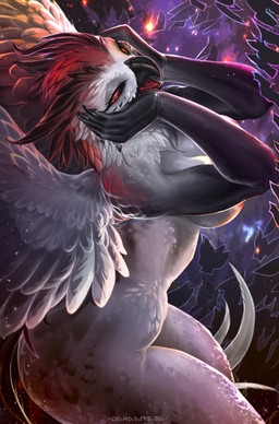 anthro areola back_wings beak big_areola big_breasts black_sclera breasts curvy_figure feathered_wings feathers female female_anthro hand_on_face head_feathers high-angle_view looking_at_viewer multicolored_body narrowed_eyes nipples non-mammal_breasts non-mammal_nipples nude nude_anthro nude_female open_beak open_mouth pose red_eyes small_waist solo thick_thighs white_body white_feathers wide_hips wings daraans avian bird owl 2026 digital_media_(artwork) hi_res pinup watermark