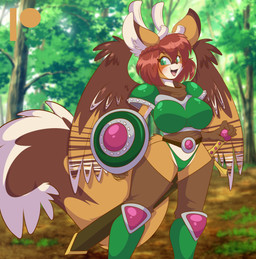 anthro antlers armor boots breasts clothing female footwear forest green_eyes horn melee_weapon open_mouth plant scarf shield shoes smile solo sword thong tree underwear weapon wings mastergodai deer mammal