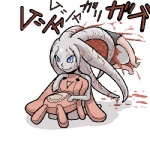 blood blue_eyes bodily_fluids duo gore hard_vore male plushie same_size_vore solo_focus text vore petaroh petako alien human humanoid lagomorph leporid mammal rabbit zanburg 1:1 aliasing digital_media_(artwork) japanese_text low_res translated