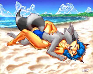 anthro anthro_on_anthro beach bikini bikini_bottom bikini_top black_nose blue_hair breasts butt canon_couple clothed clothed_anthro clothed_female clothed_male clothing duo female fur grey_body grey_fur hair interspecies interspecies_romance kissing male male/female markings neck_kiss orange_body orange_fur ring_(marking) ringed_tail romantic romantic_ambiance romantic_couple sand sea striped_markings striped_tail stripes swimming_trunks swimwear tail tail_markings topless topless_anthro topless_male two-piece_swimsuit water sum5hadow sly_cooper_(series) sony_corporation sony_interactive_entertainment sucker_punch_productions carmelita_fox sly_cooper canid canine fox mammal procyonid raccoon 2026 5:4 hi_res