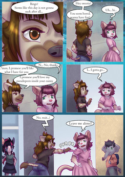 anthro clothing dialogue duo female looking_at_viewer male outside public smile tearing_clothing text torn_clothing young liryal ruaha_(lyrial) theoni_(hollyannhoythund) bat canid canine canis cougar domestic_dog elephant elephantid felid feline husky hybrid hyena mammal nordic_sled_dog proboscidean spitz absurd_res comic english_text hi_res intersex_(lore)