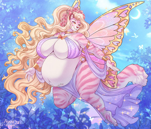 anthro belly big_belly big_breasts blonde_hair bottomwear breasts clothed clothing eyelashes female fur grin hair insect_wings lepidopteran_wings long_hair markings narrowed_eyes navel pink_body pink_bottomwear pink_clothing pink_fur pregnant pregnant_anthro pregnant_female purple_bottomwear purple_clothing purple_topwear smile solo striped_arms striped_legs striped_markings striped_tail stripes tail tail_markings topwear wavy_hair white_body white_fur wings yellow_eyes tiggybloom marzipan_(tiggybloom) arthropod butterfly felid hybrid insect lepidopteran mammal pantherine tiger 2025 hi_res