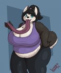 anthro belly_overhang big_breasts breasts cleavage clothed clothing female holding_tongue long_tongue looking_at_viewer overweight overweight_female shirt solo tank_top tongue topwear lonnyk kayla_(lonnyk) canid canine canis domestic_dog husky mammal nordic_sled_dog spitz hi_res