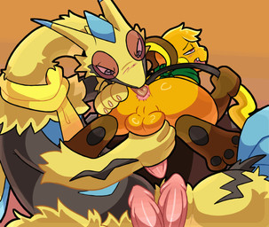 2_horns 2_penises anal anal_penetration animal_genitalia animal_penis anthro anus backsack balls biped black_body black_fur black_outline black_pawpads blinking blue_body blue_eyes blue_fur blush blush_lines bodily_fluids bouncing_balls brown_body brown_fur butt countershade_face countershading cum cum_while_penetrated cumshot cute_fangs deep_rimming digitigrade diphallism duo ejaculation eye_roll fangs fluffy forehead_gem from_behind_position fur gem genital_fluids genitals glistening glistening_balls glistening_body glistening_butt glistening_fur glistening_genitalia glistening_penis gloves_(marking) grabbing_own_tail green_scarf hand_on_butt hand_on_penis handjob handjob_while_rimming head_tuft hemipenes horn leg_markings lightning_bolt_marking long_neck looking_pleasured lying male male/male markings mostly_nude mostly_nude_anthro mostly_nude_male multi_genitalia multi_penis multicolored_body multicolored_fur neck_tuft on_front open_mouth open_smile oral orange_background orange_balls orange_body orange_butt orange_fur orange_perineum outline pawpads penetration penile penis perineum pink_anus pink_penis pink_tongue platform_sex reach_around rear_view red_eyes rimming scarf scarf_only semi-anthro sex side_view simple_background sitting size_difference smile socks_(marking) tail tail_aside tail_grab teeth three-quarter_view tongue tongue_penetration tuft yellow_body yellow_cheeks yellow_fur yellow_scarf jonky nintendo pokemon zarro_(zarro_the_raichu) flygon generation_1_pokemon generation_3_pokemon generation_7_pokemon hybrid legendary_pokemon pokemon_(species) raichu zeraora 2025 animated digital_media_(artwork) frame_by_frame