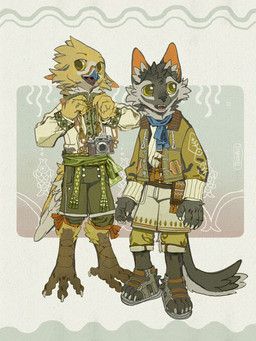 anthro avian_feet barefoot beak bottomwear buckle camera claws clothed clothing digitigrade duo feathers feet fingers footwear fur laces male open_mouth pattern_clothing pattern_shirt pattern_topwear plantigrade pose sandals sash scarf shirt shoes simple_background standing striped_clothing stripes tail tail_feathers teeth text textured_background toes tongue topwear tying vest tuozhazi avian bird felid feline mammal 2025 3:4 artist_name colored detailed digital_drawing_(artwork) digital_media_(artwork) full-length_portrait hi_res portrait shaded signature