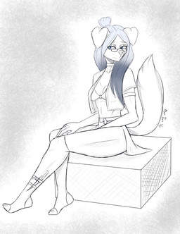anthro blue_eyes bottomwear breasts clothed clothing dagger eyewear female fur glasses hair jacket legwear looking_at_viewer melee_weapon simple_background sitting smile solo topwear weapon matt_the_rain canid canine canis domestic_dog mammal absurd_res digital_media_(artwork) hi_res monochrome