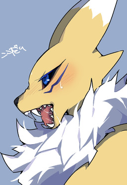 ambiguous_gender anthro black_sclera blue_eyes blush bodily_fluids chest_tuft eyelashes fangs open_mouth saliva saliva_on_face sharp_teeth side_view solo sweat sweatdrop teeth text tongue tuft white_body wrinkled_nose yellow_body kokokokokodari bandai_namco digimon canid digimon_(species) mammal renamon 2025 digital_drawing_(artwork) digital_media_(artwork) hi_res signature